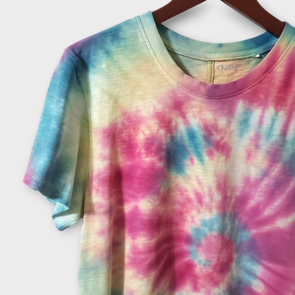 Quince Women Organic Cotton Slub Crewneck Tee Tie Dye Pink Blue Large - Picture 2 of 10